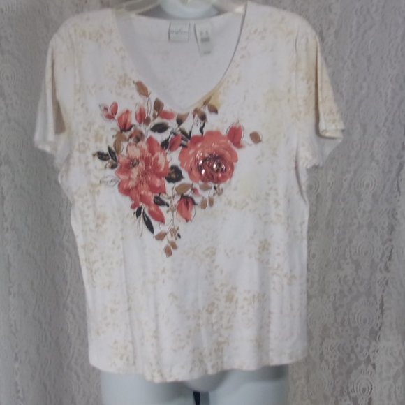 Emma James Tops - Emma James Ivory Cotton Knit Top Floral Print with Bling NWOT  Size XL